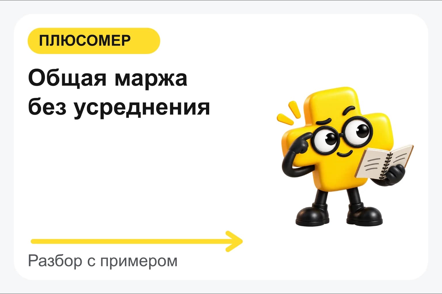 Общая маржа без усреднения. Персонаж Плюсомера с блокнотом