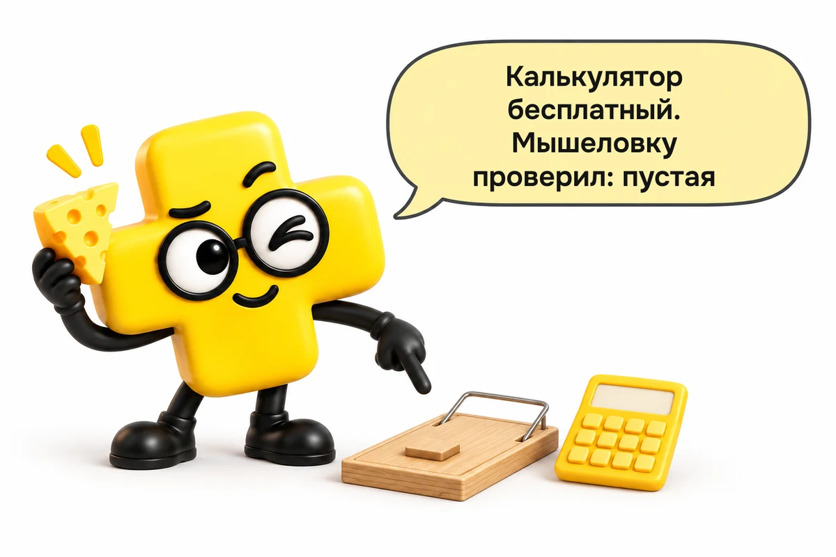 Плюсомер показывает обезвреженную мышеловку и кусочек сыра рядом с калькулятором