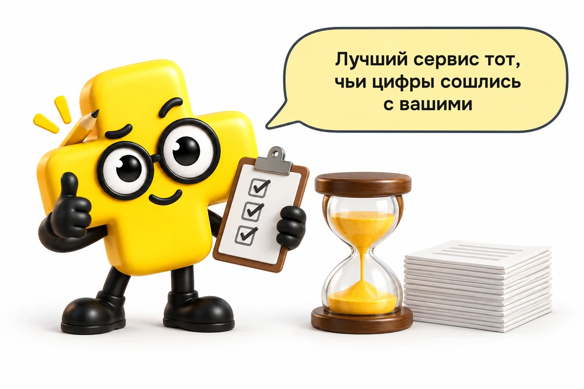 Плюсомер с чек-листом и песочными часами показывает большой палец вверх